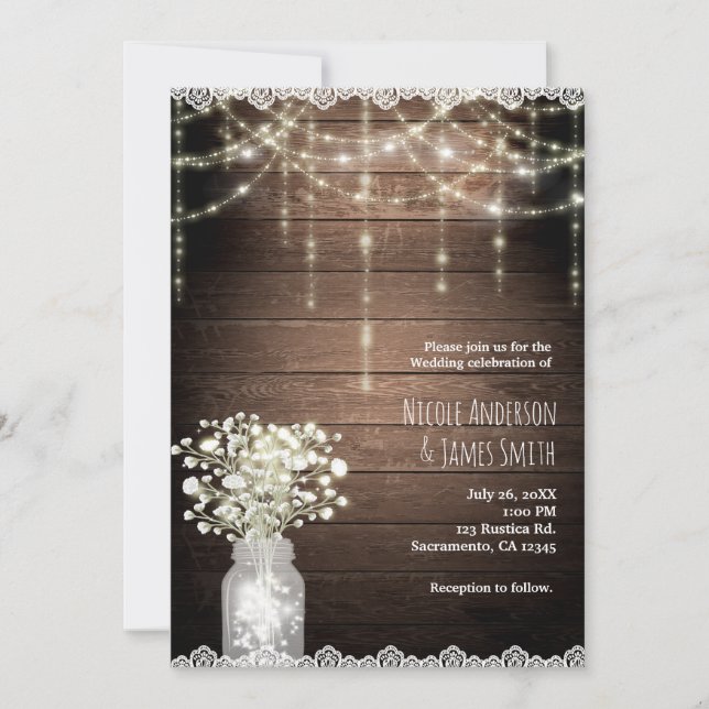 Baby's Breath Mason Jar Lights & Wood Wedding Invitation (Front)