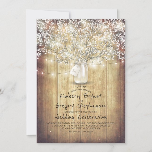 Baby's Breath Mason Jar Rustic and Vintage Wedding Invitation (Front)