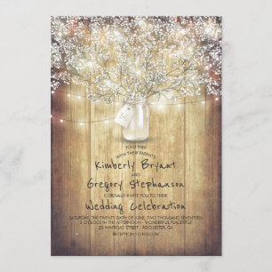 Baby's Breath Mason Jar Rustic and Vintage Wedding Invitation