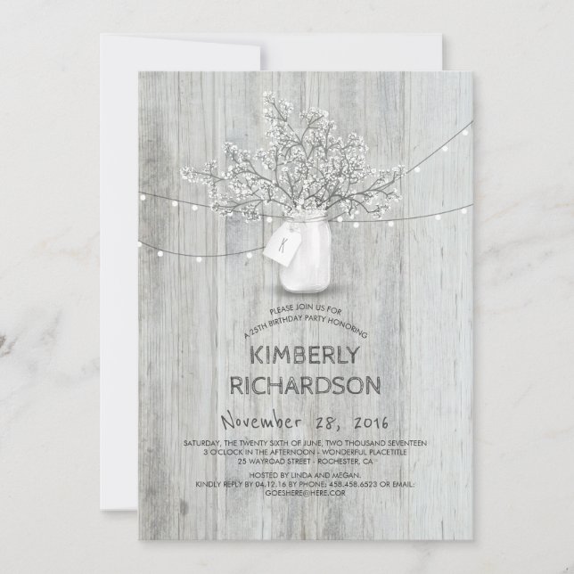 Baby's Breath Mason Jar Rustic Barn Birthday Party Invitation (Front)