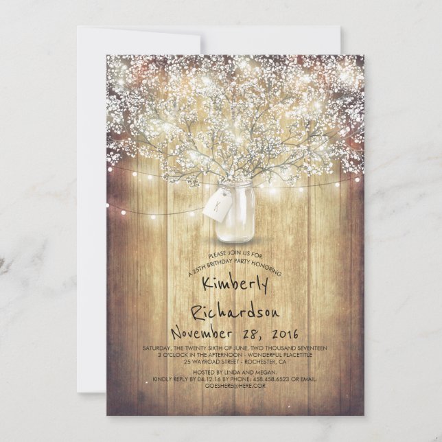 Baby's Breath Mason Jar Rustic Barn Birthday Party Invitation (Front)