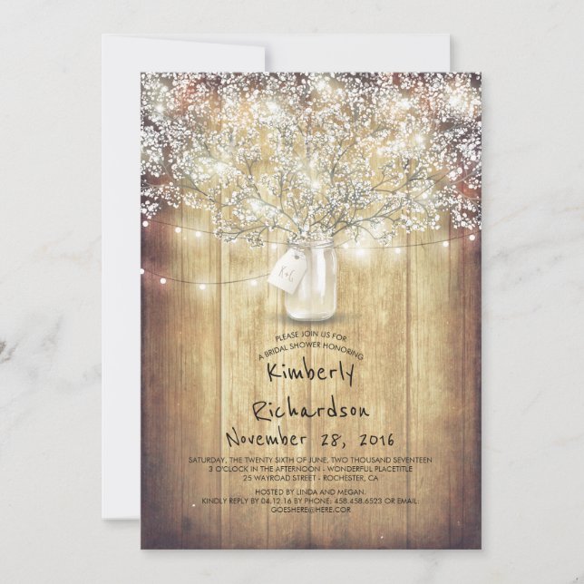 Baby's Breath Mason Jar Rustic Barn Bridal Shower Invitation (Front)