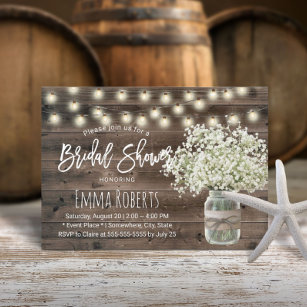 Baby's Breath Mason Jar Rustic Barn Bridal Shower Invitation