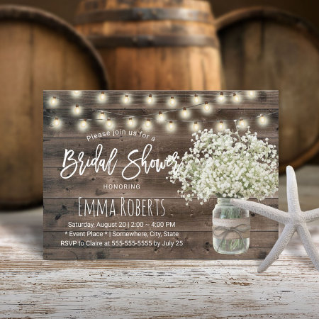 Baby's Breath Mason Jar Rustic Barn Bridal Shower Invitation