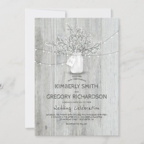 Babys Breath Mason Jar Rustic Barn Lights Wedding Invitation