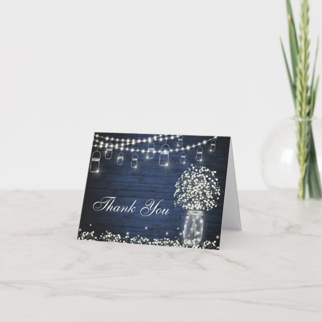 Baby's Breath Mason Jar Rustic Blue Wood Floral Thank You Card (Front)