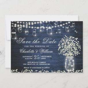 Baby's Breath Mason Jar Rustic Blue Wood Wedding Invitation