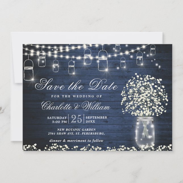 Baby's Breath Mason Jar Rustic Blue Wood Wedding Invitation (Front)