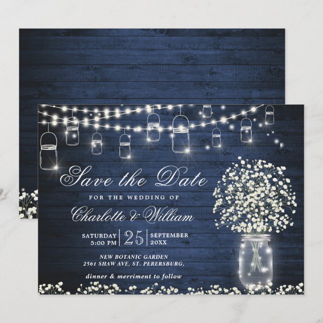 Baby's Breath Mason Jar Rustic Blue Wood Wedding Invitation (Front/Back)