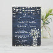 Baby's Breath Mason Jar Rustic Blue Wood Wedding Invitation (Standing Front)