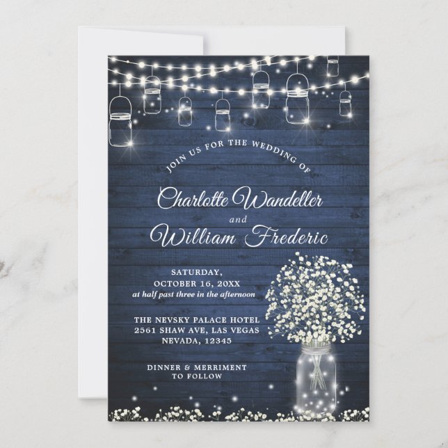 Baby's Breath Mason Jar Rustic Blue Wood Wedding Invitation (Front)