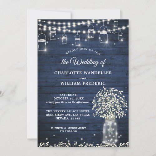 Babys Breath Mason Jar Rustic Blue Wood Wedding Invitation