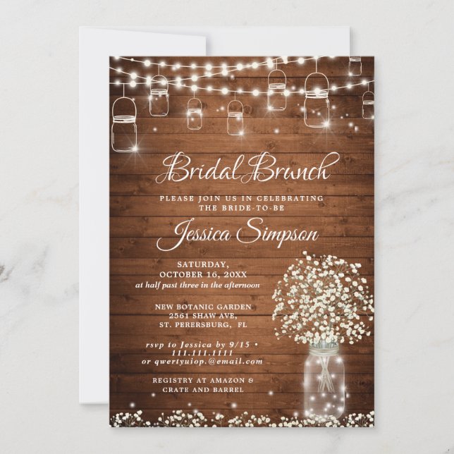 Baby's Breath Mason Jar Rustic Bridal Brunch Invitation (Front)