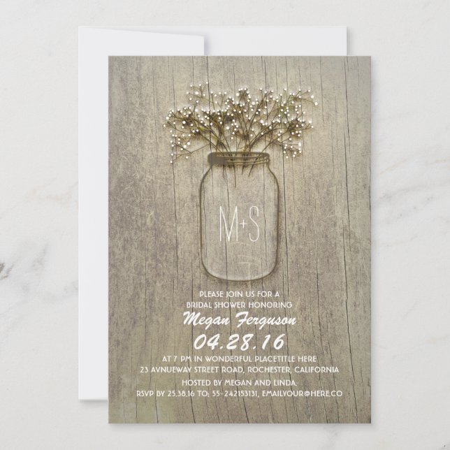 Baby's Breath Mason Jar Rustic Bridal Shower Invitation (Front)