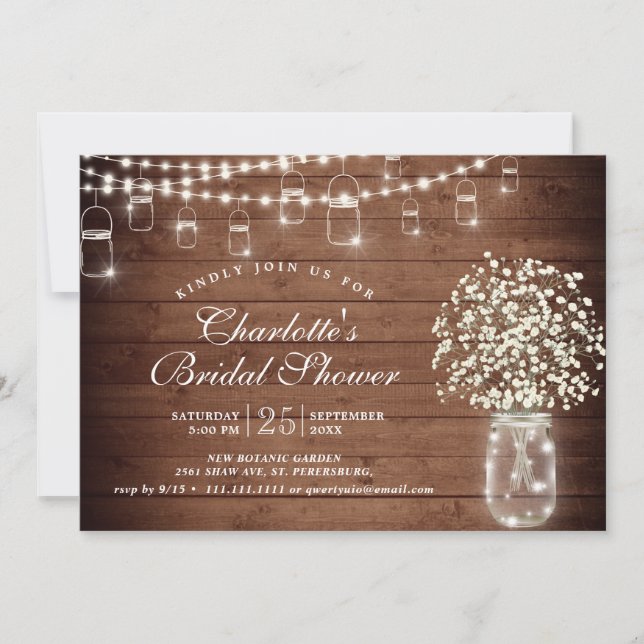 Baby's Breath Mason Jar Rustic Bridal Shower Invitation (Front)