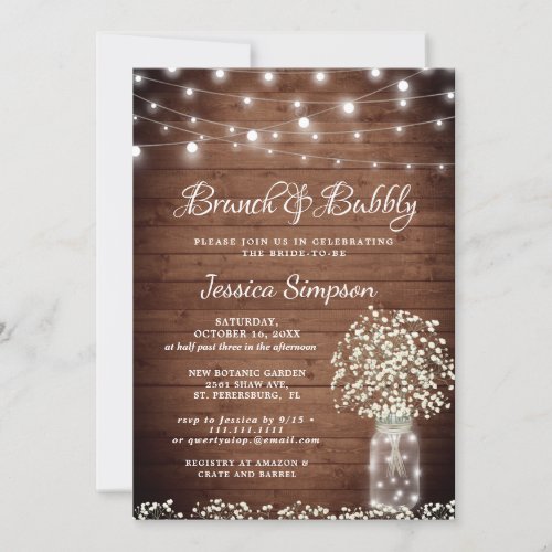 Babys Breath Mason Jar Rustic Brunch  Bubbly Invitation