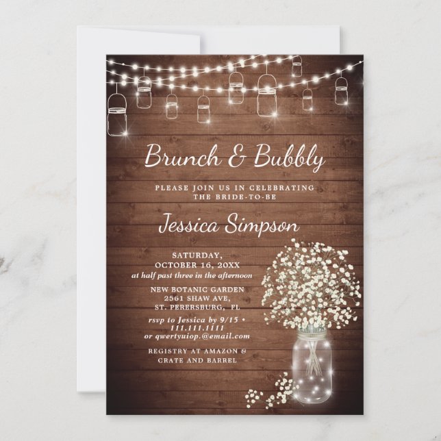 Baby's Breath Mason Jar Rustic Brunch & Bubbly Invitation (Front)
