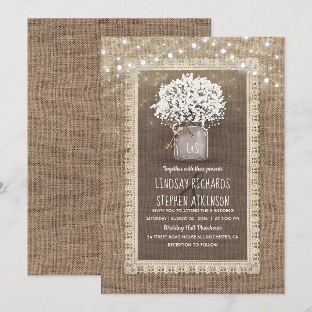 Baby's Breath Mason Jar Rustic Burlap Lace Wedding Invitation (Front/Back)