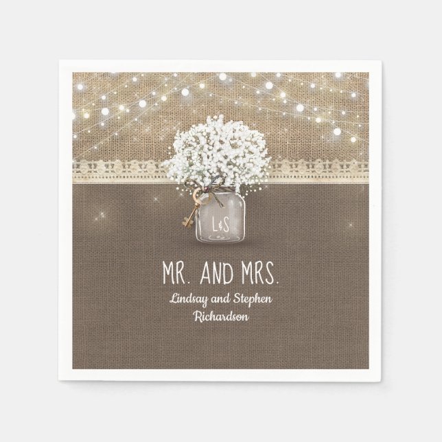 Baby's Breath Mason Jar Rustic Burlap Wedding Napkins (Front)