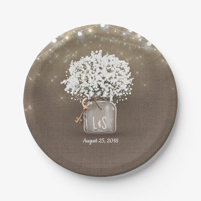 Baby's Breath Mason Jar Rustic Burlap Wedding Paper Plates (Front)