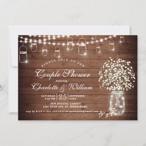 Babys Breath Mason Jar Rustic Couple Shower Invitation