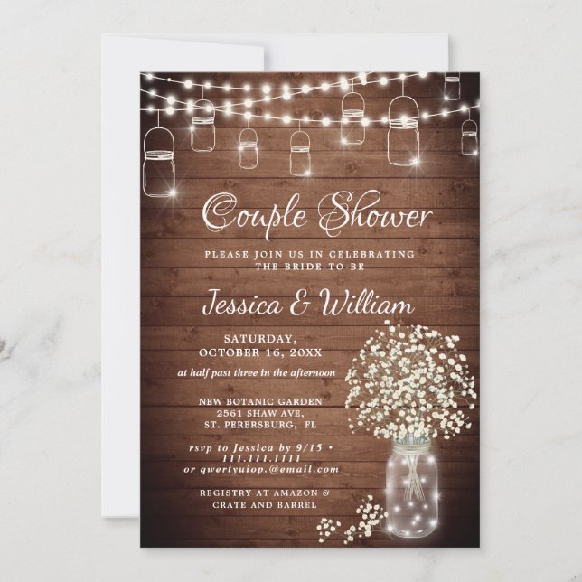 Baby's Breath Mason Jar Rustic Couple Shower Invitation (Front)