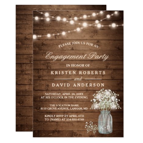 Baby&#39;s Breath Mason Jar Rustic Engagement Party Card