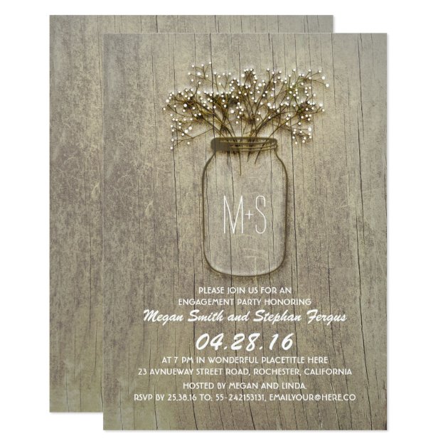 Baby's Breath Mason Jar Rustic Engagement Party Invitation