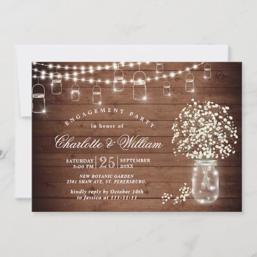 Babys Breath Mason Jar Rustic Engagement Party Invitation