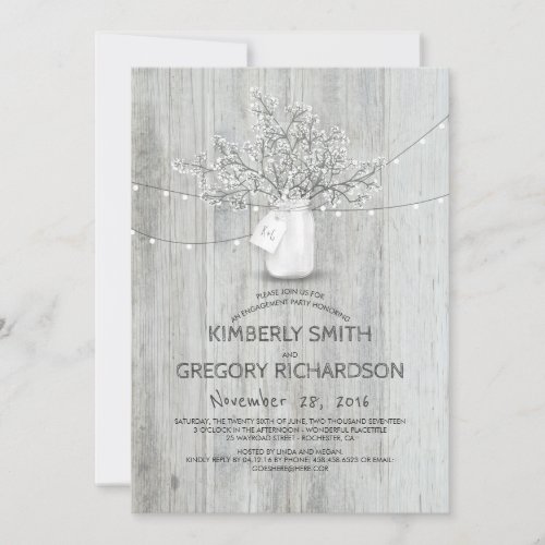 Babys Breath Mason Jar Rustic Engagement Party Invitation