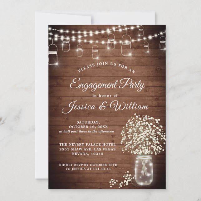 Baby's Breath Mason Jar Rustic Engagement Party Invitation (Front)