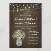 Babys Breath Mason Jar Rustic Fairy Lights Wedding Invitation