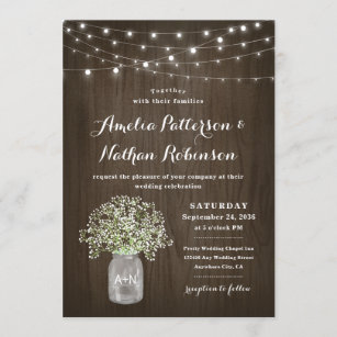 Babys Breath Mason Jar Rustic Fairy Lights Wedding Invitation