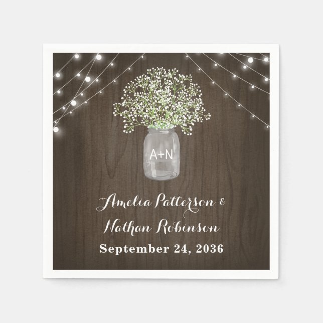 Babys Breath Mason Jar Rustic Fairy Lights Wedding Napkins (Front)