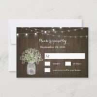 Babys Breath Mason Jar Rustic Fairy Lights Wedding RSVP Card