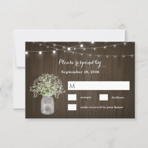 Babys Breath Mason Jar Rustic Fairy Lights Wedding RSVP Card