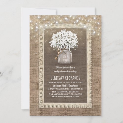 Babys Breath Mason Jar Rustic Lace Baby Shower Invitation