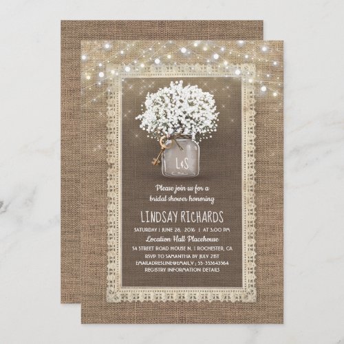 Babys Breath Mason Jar Rustic Lace Bridal Shower Invitation