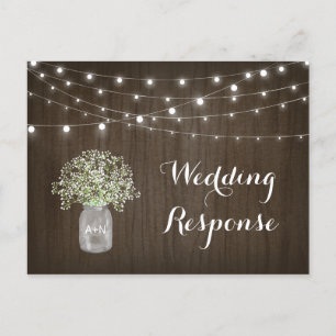 Babys Breath Mason Jar Rustic Lights Wedding RSVP Postcard