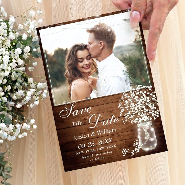 Baby's Breath Mason Jar Rustic Photo Wedding Save The Date (Creator Uploaded)