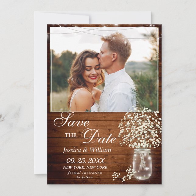 Baby's Breath Mason Jar Rustic Photo Wedding Save The Date (Front)