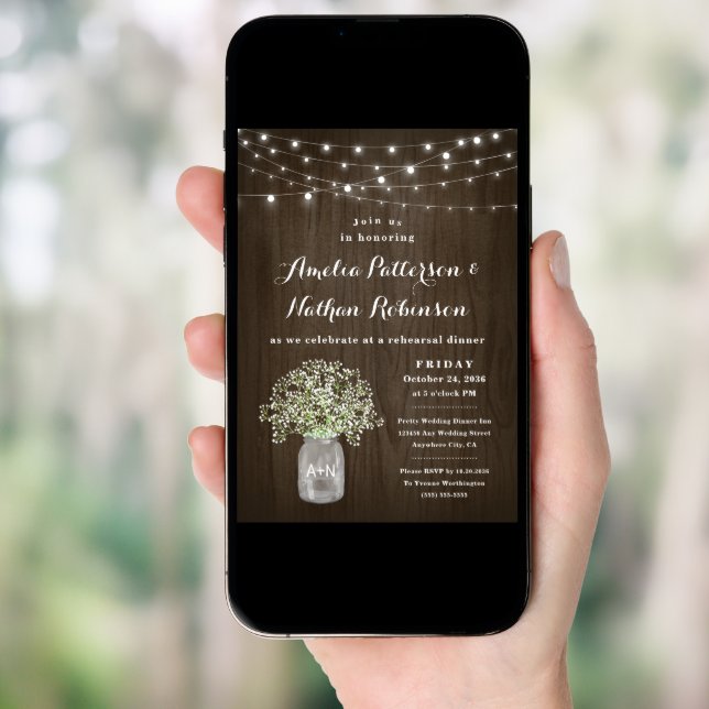 Babys Breath Mason Jar Rustic Rehearsal Dinner Invitation (Front Digital)