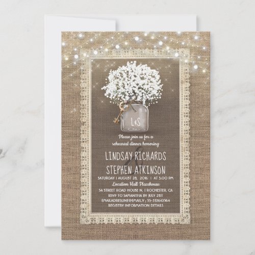 Babys Breath Mason Jar Rustic Rehearsal Dinner Invitation