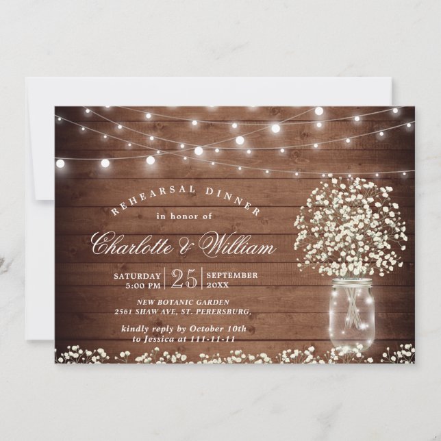 Baby's Breath Mason Jar Rustic Rehearsal Dinner Invitation (Front)