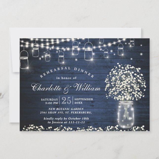 Baby's Breath Mason Jar Rustic Rehearsal Dinner Invitation (Front)
