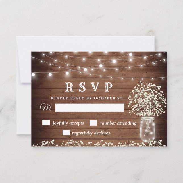 Baby's Breath Mason Jar Rustic RSVP Card (Front)