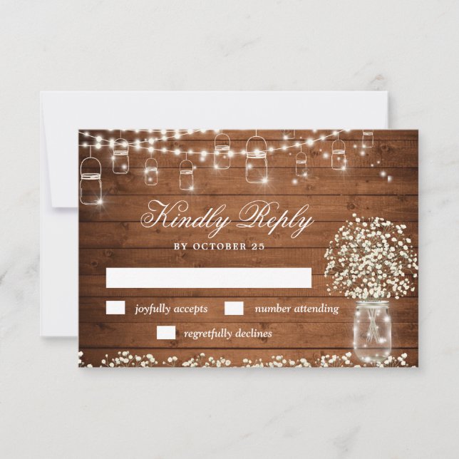 Baby's Breath Mason Jar Rustic RSVP Card (Front)