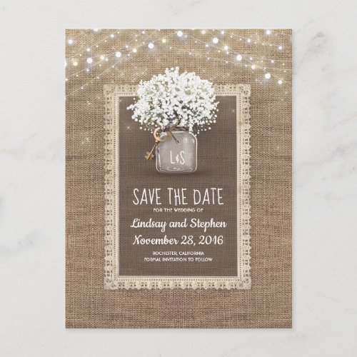 Babys Breath Mason Jar Rustic Save the Date Announcement Postcard