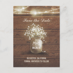 baby's breath mason jar rustic save the date announcement postcard