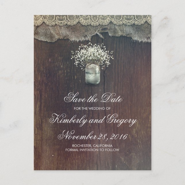 Baby's Breath Mason Jar Rustic Save the Date Announcement Postcard (Front)